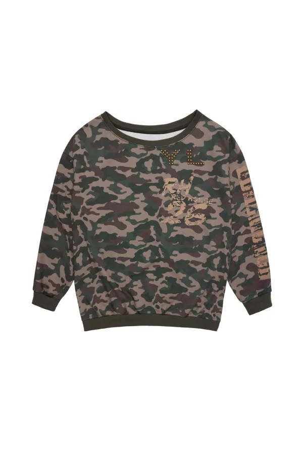 YL STUDDED OFF-SHOULDER SWEATSHIRT CAMO BEIGE