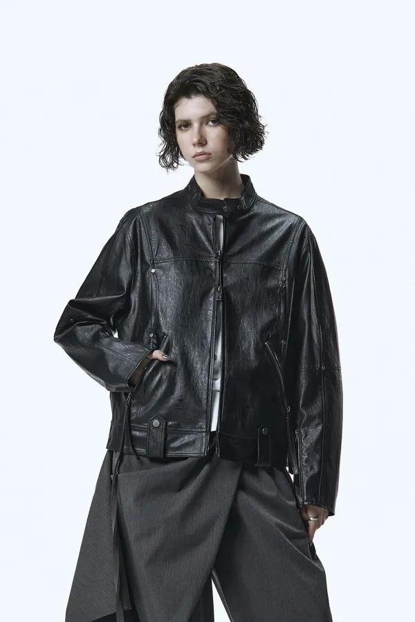 Over-Fit Leather Biker Jacket [ Black ]