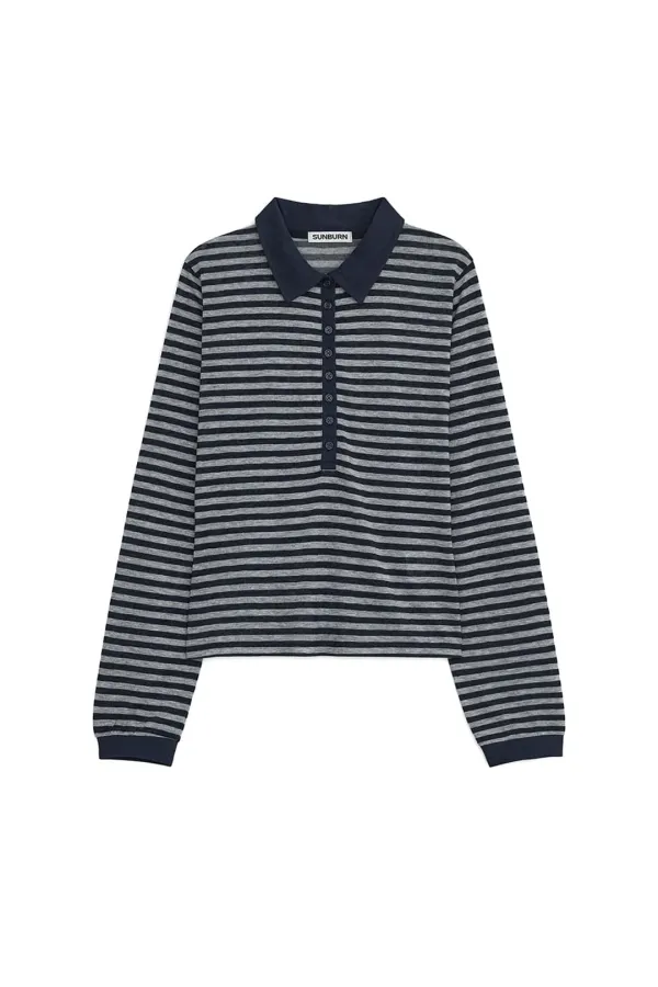 BUTTON UP STRIPE LONG SLEEVE TOP, NAVY