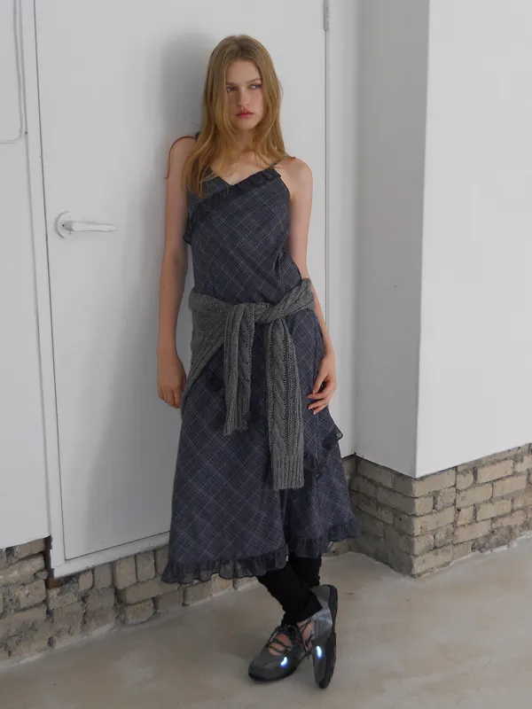 Slip Check Frill Dress, Black