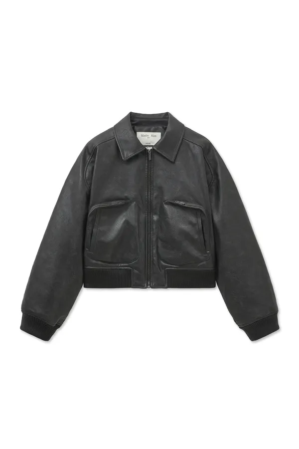 FAUX LEATHER OUT POCKET JUMPER IN CHARCOAL
