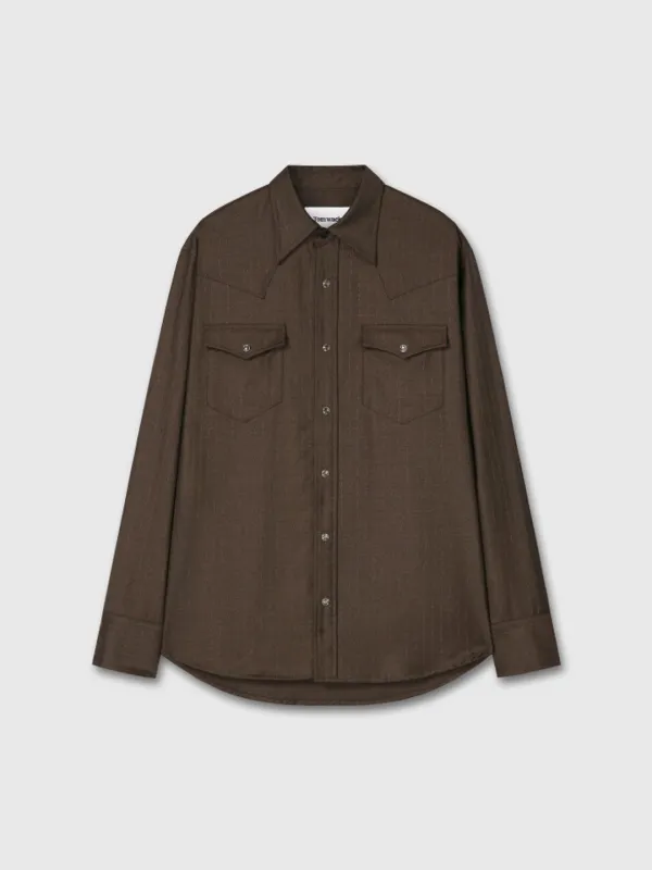 (W) STRIPED WOOL WESTERN SHIRT_ SEPIA BROWN