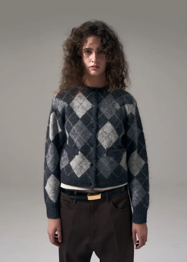 W ARGYLE MOHAIR KNIT CARDIGAN - GRAY