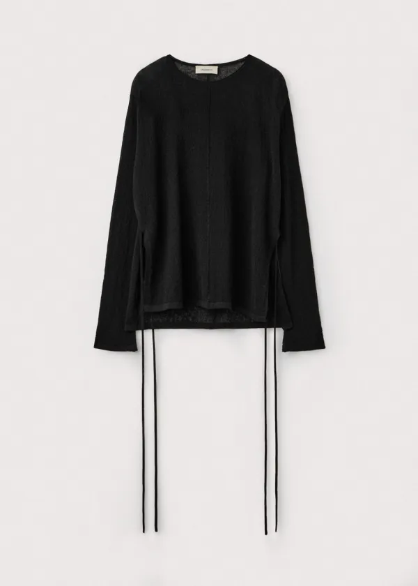Crinkled linen crewneck pullover_Black