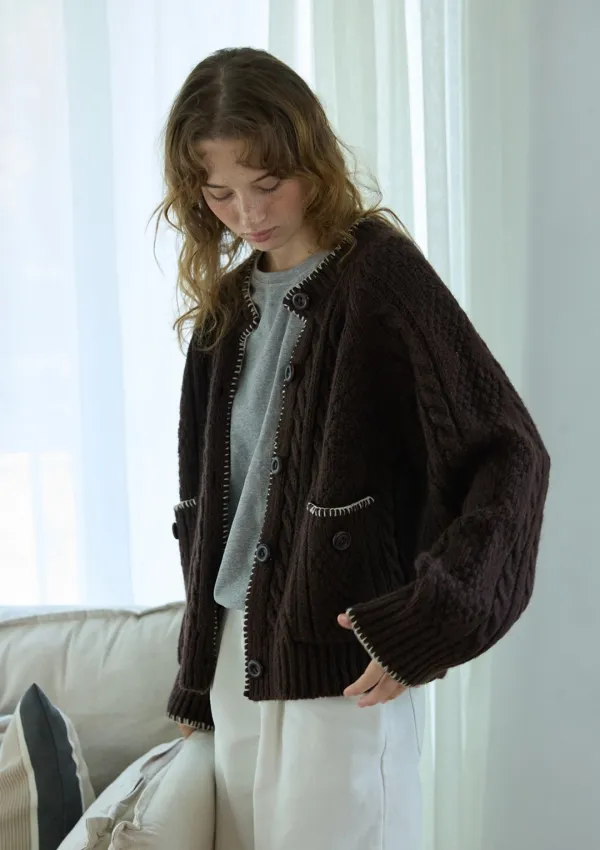 Whipstitch Cable Cardigan Brown