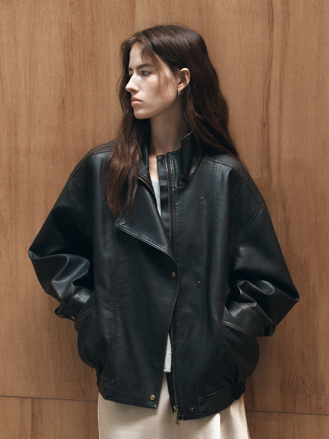 노운베러 Vintage washed high-neck leather jumper [KNFW06JP10]_Brown 상품 이미지 1