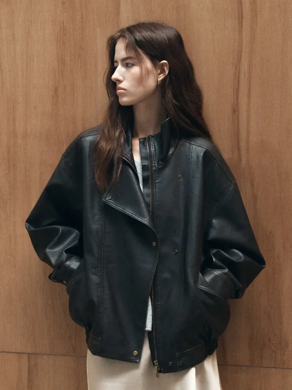 Vintage washed high-neck leather jumper [KNFW06JP10]_Brown