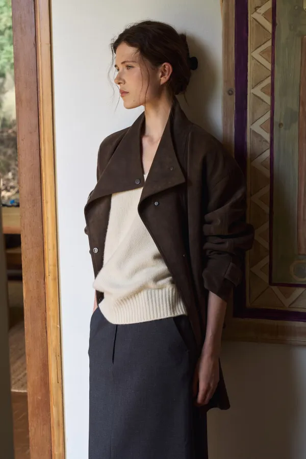 Nonfade Suede High-Neck Half Jacket [LMBFAUJK115]-Moss Brown