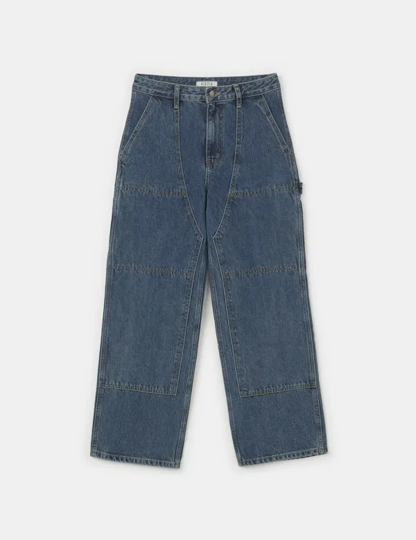 Patch Wide Denim Pants (Blue)