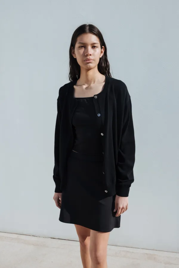 Cotton Round Button Cardigan (Black)