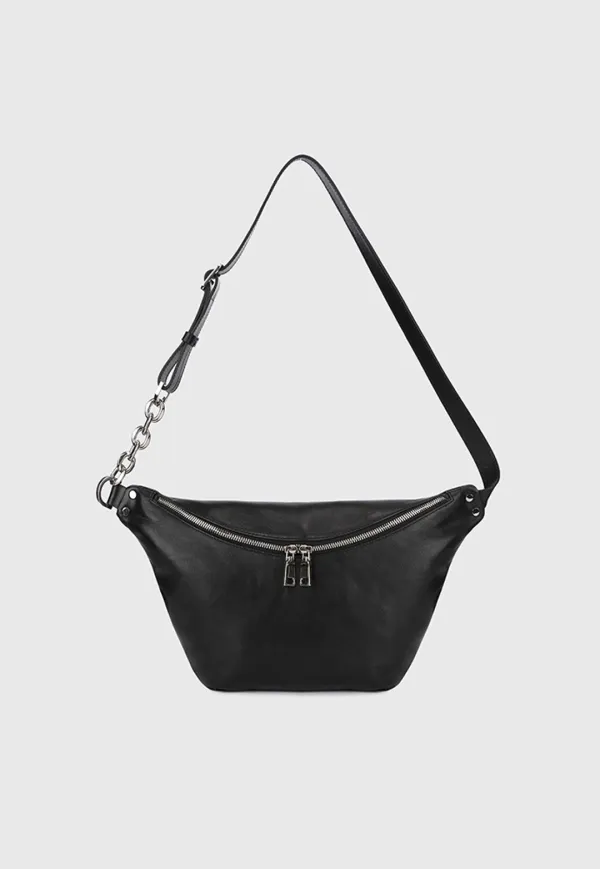 Oil Pull-Up Leather Belt Bag_ Black