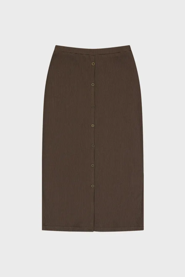 BUTTON UP LAYERED MIDI SKIRT (BROWN)