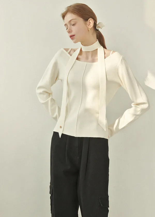  [44-120]  Harmonious Tie Set Slit Knit Ivory  하모니어스 타이 세트 슬릿 니트 아이보리 (봄-가을-하객룩-격식룩-로맨틱-출근룩-오피스룩-데일리룩-데이트룩-보트넥-타이-뒷슬릿-빅사이즈-자체제작) 