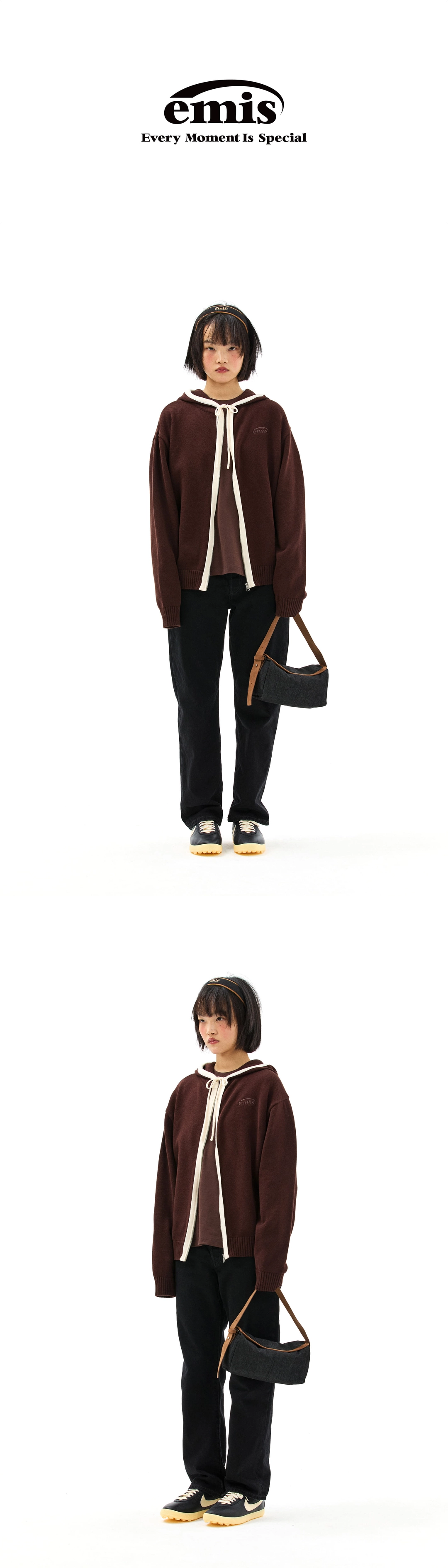 이미스 COLOR-BLOCK KNIT HOOD ZIP-UP-BROWN 상품 이미지 1