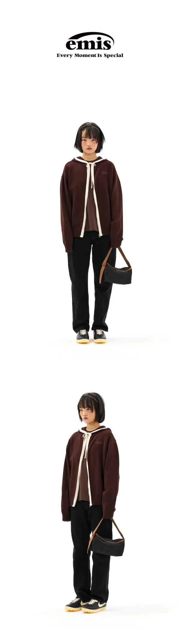 COLOR-BLOCK KNIT HOOD ZIP-UP-BROWN
