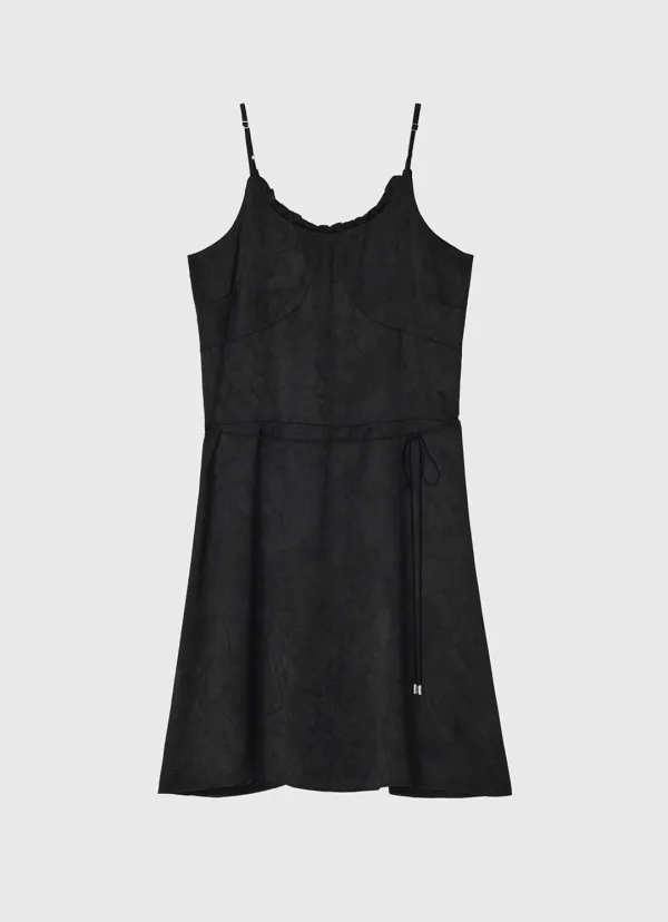 Jacquard rope belt frill neck mini dress - black