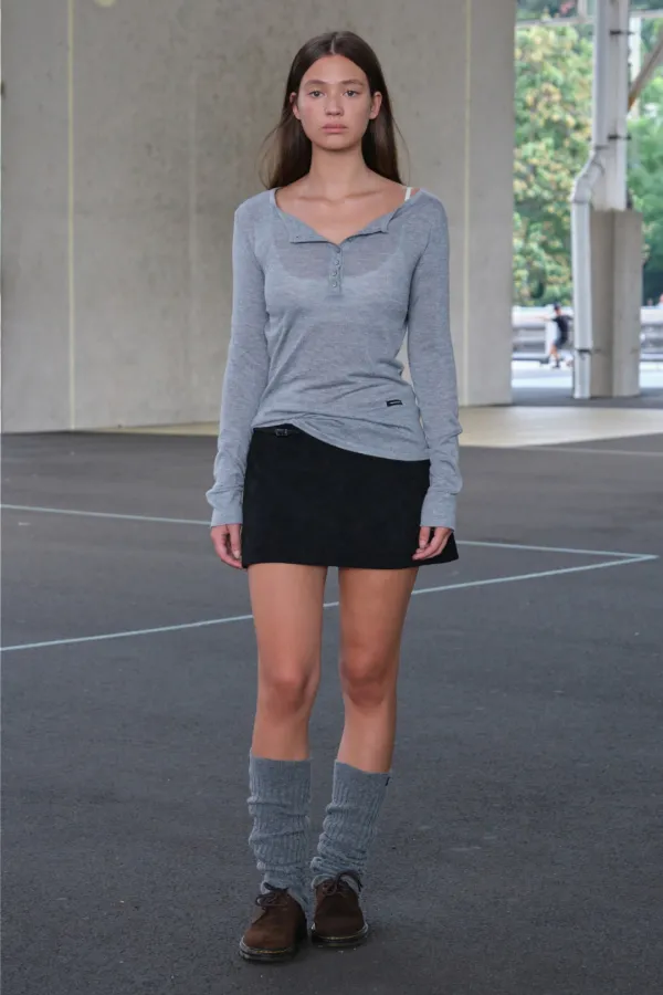 Silk Button Henly Neck Knit - Grey