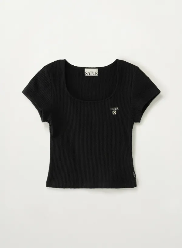 (W) Square Neck Crinkle T-shirt - Black