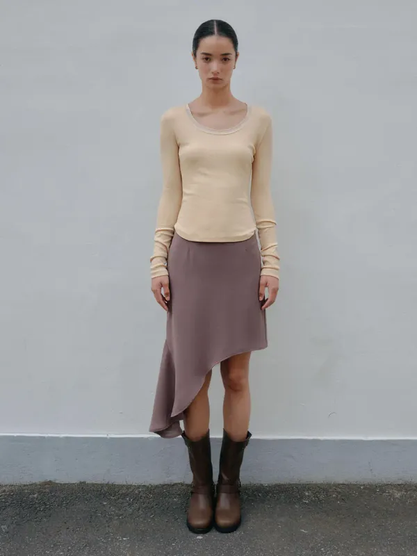 ANNA UNBALANCE SKIRT_KHAKI BROWN
