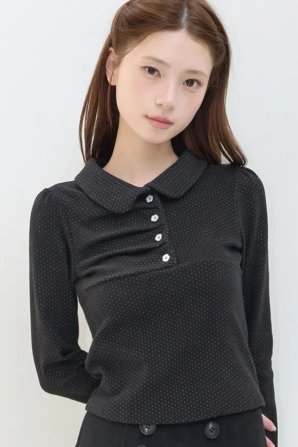 도트 핀턱 카라 롱슬리브 블랙