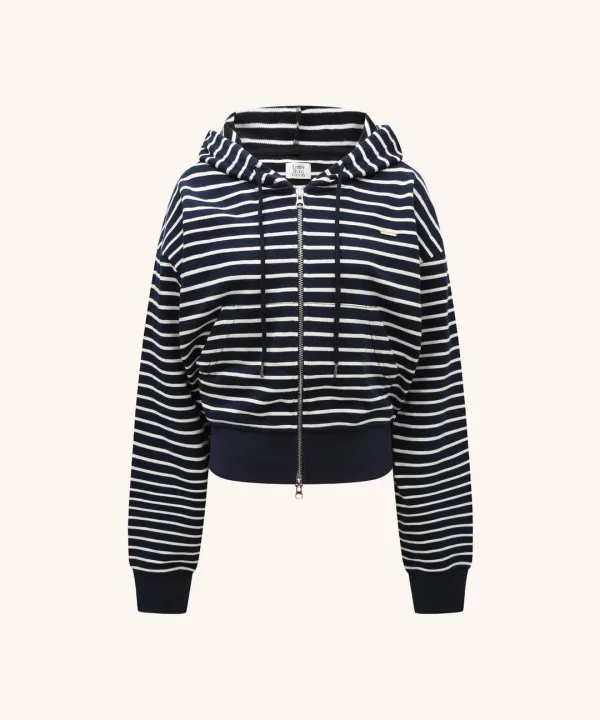 Sena Stripe Cotton Hooded Zip-Up ( Navy )