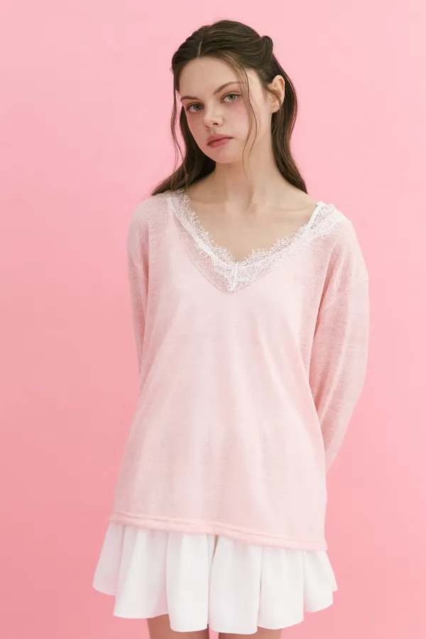 Lace V-Neck Knit Pink