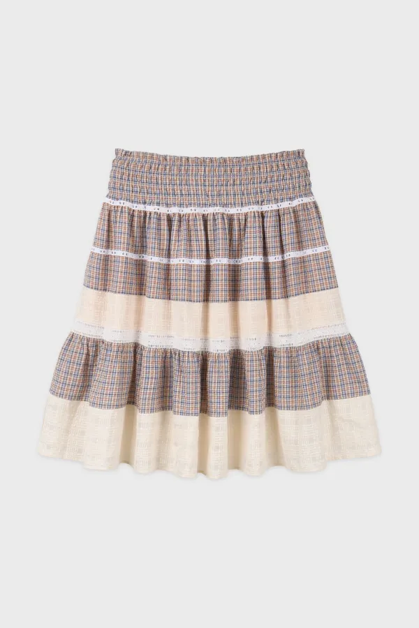 Smocking Color Block Flare Skirt (Beige)