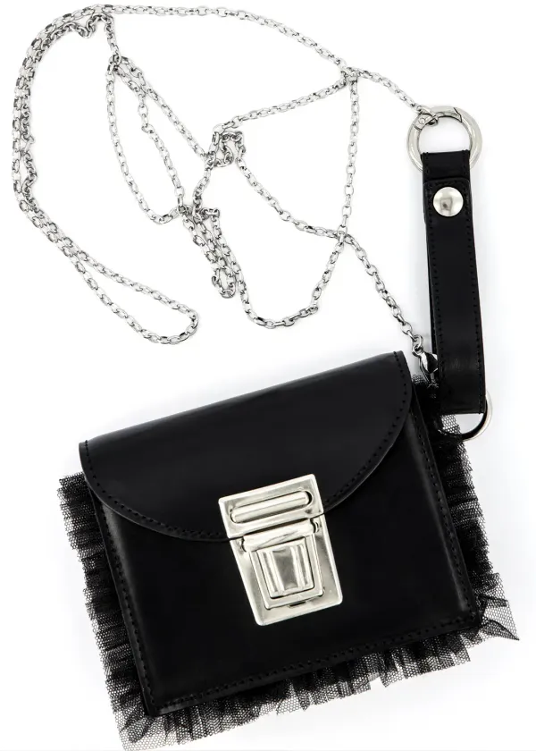 LACE RUFFLE METAL CHAIN MINI WALLET BAG - BLACK
