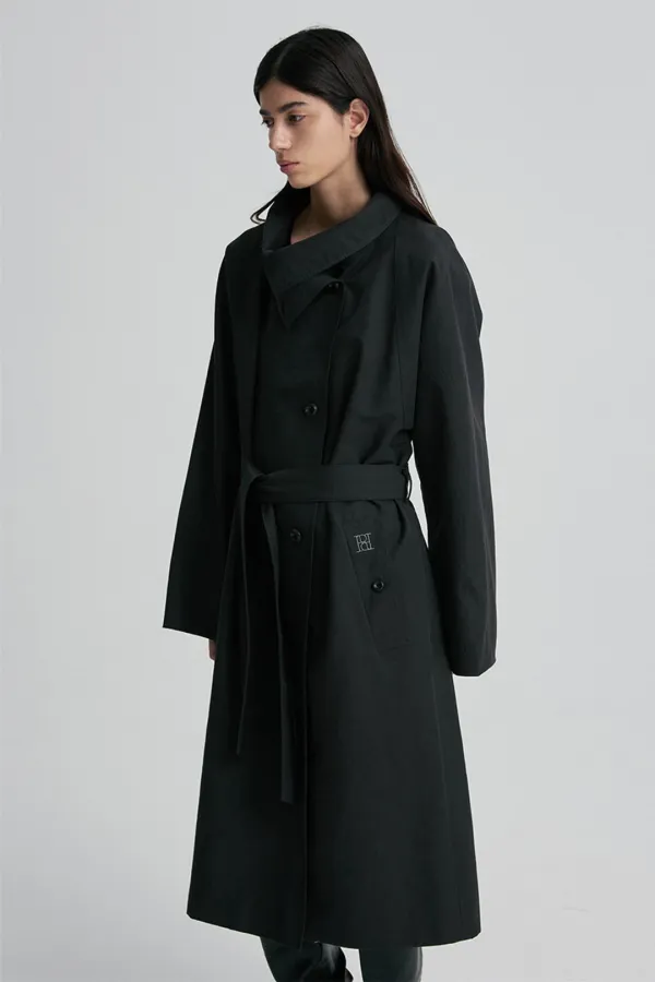 FUNNEL NECK BELTED TRENCH COAT BLACK