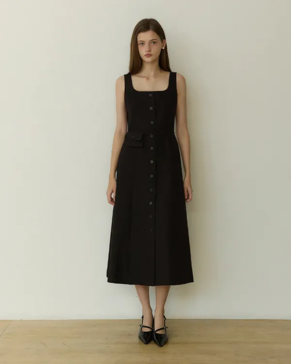 [임현주님 착용] Solid tweed line belt back set long dress - black
