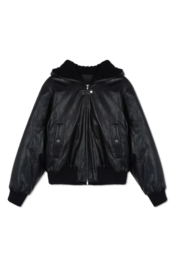 FAUX LEATHER ZIP UP HOODY IN BLACK