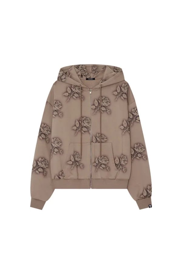 FLORAL SPRAY ZIP-UP HOODIE (BROWN)