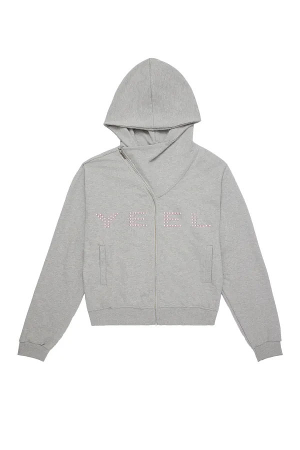 STUDDED Y ZIP-UP HOODIE GREY