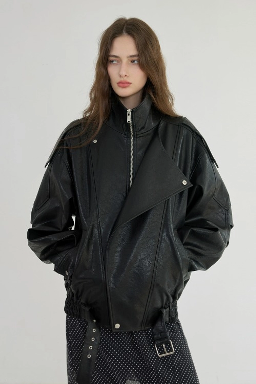 퀸스래빗 Trim Oversized Leather Jacket - BLACK 상품 이미지 2