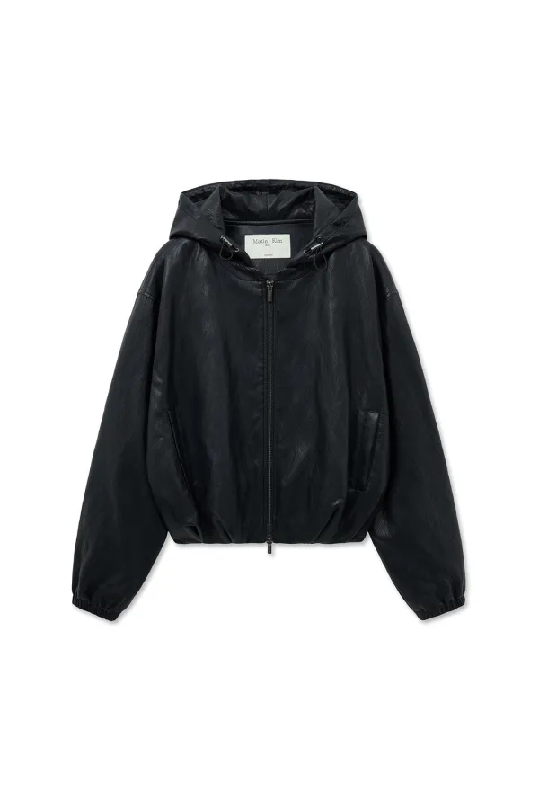 FAUX LEATHER HOODY CROP JUMPER IN BLACK