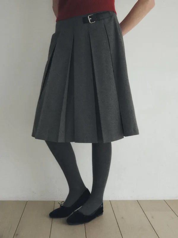Belt-Detail Pleated Midi Skirt_Grey