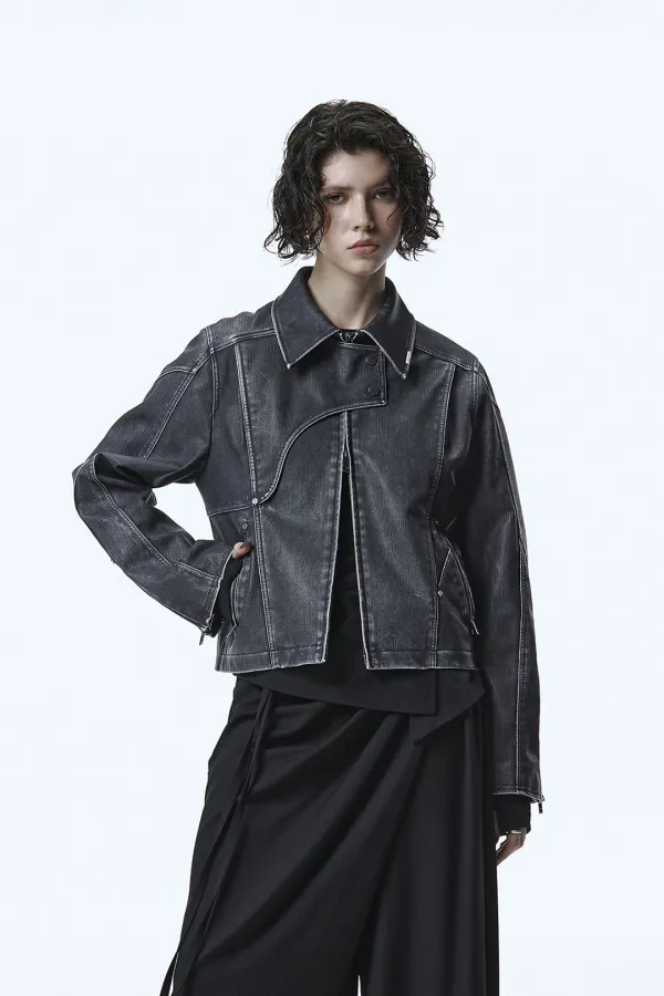 Vintage Washed Leather Jacket [ Navy ]