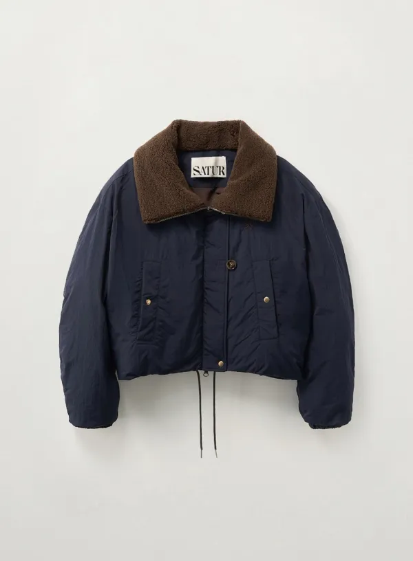 (W) Wide Collar Crop Padding Jacket - Navy