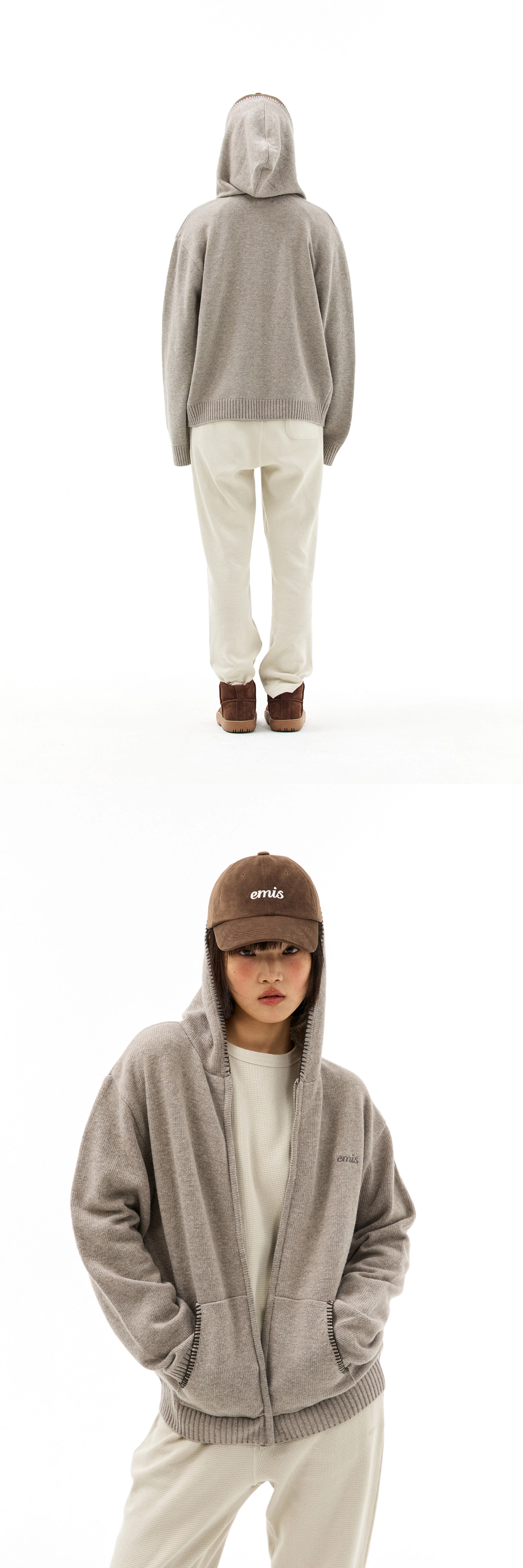 이미스 BLANKET STITCH KNIT HOOD ZIP-UP-LIGHT GRAY 상품 이미지 3