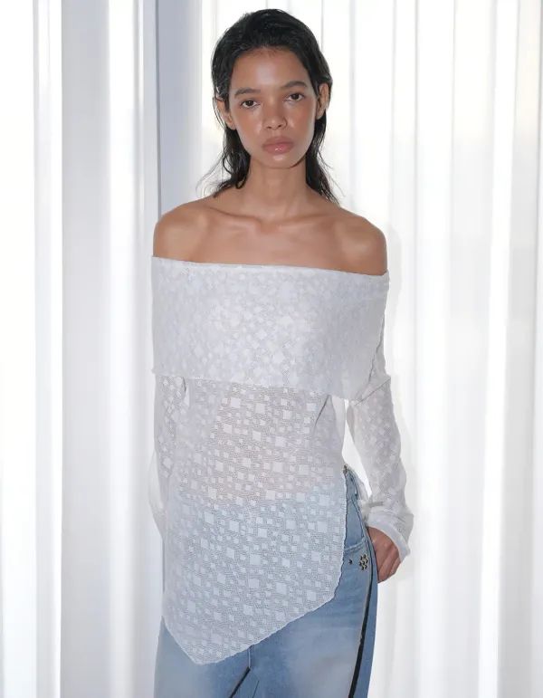 ARGYLE LONG OFF-SHOULDER TOP, WHITE
