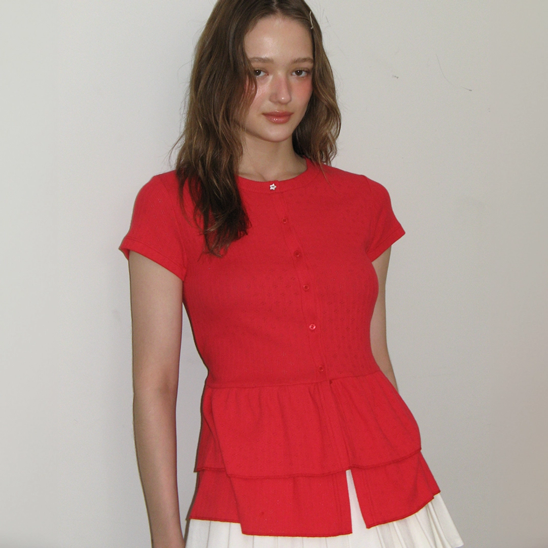 론론 SOFT FRILL BUTTON COTTON CARDIGAN RED 상품 이미지 1