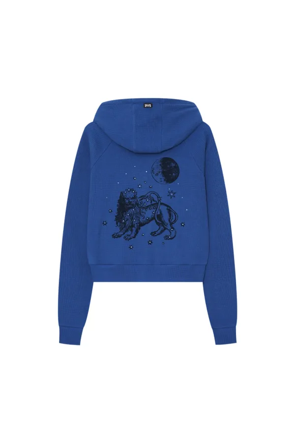 LEO HOTFIX CROP WAFFLE ZIP-UP HOODIE (BLUE)