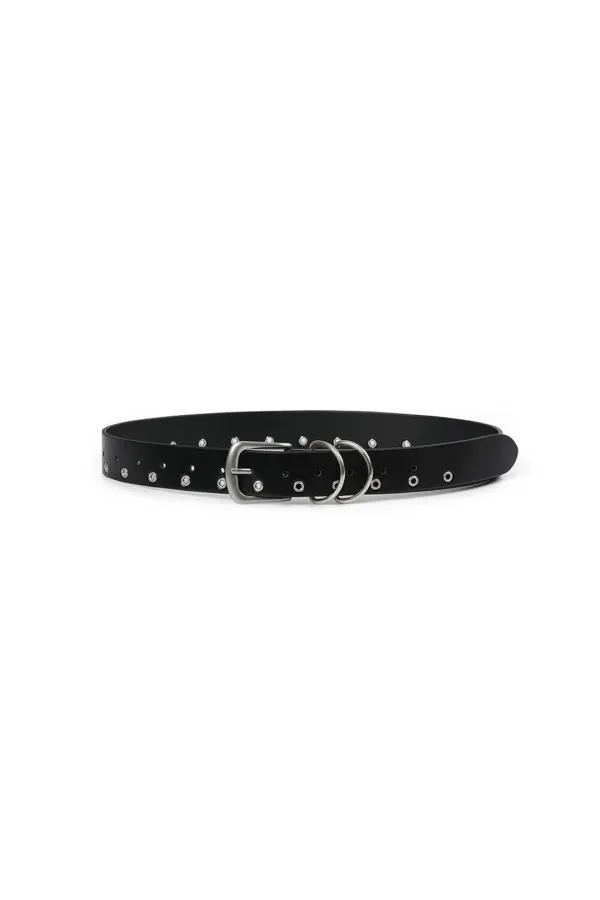 COW LEATHER EYELET BELT, BLACK
