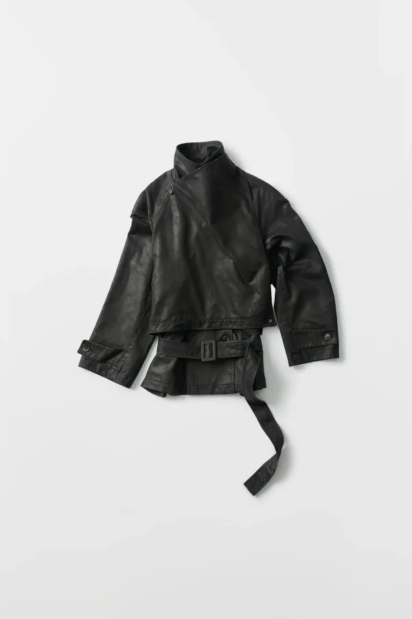 Washed Draped Belted Trench Jacket (coated black)