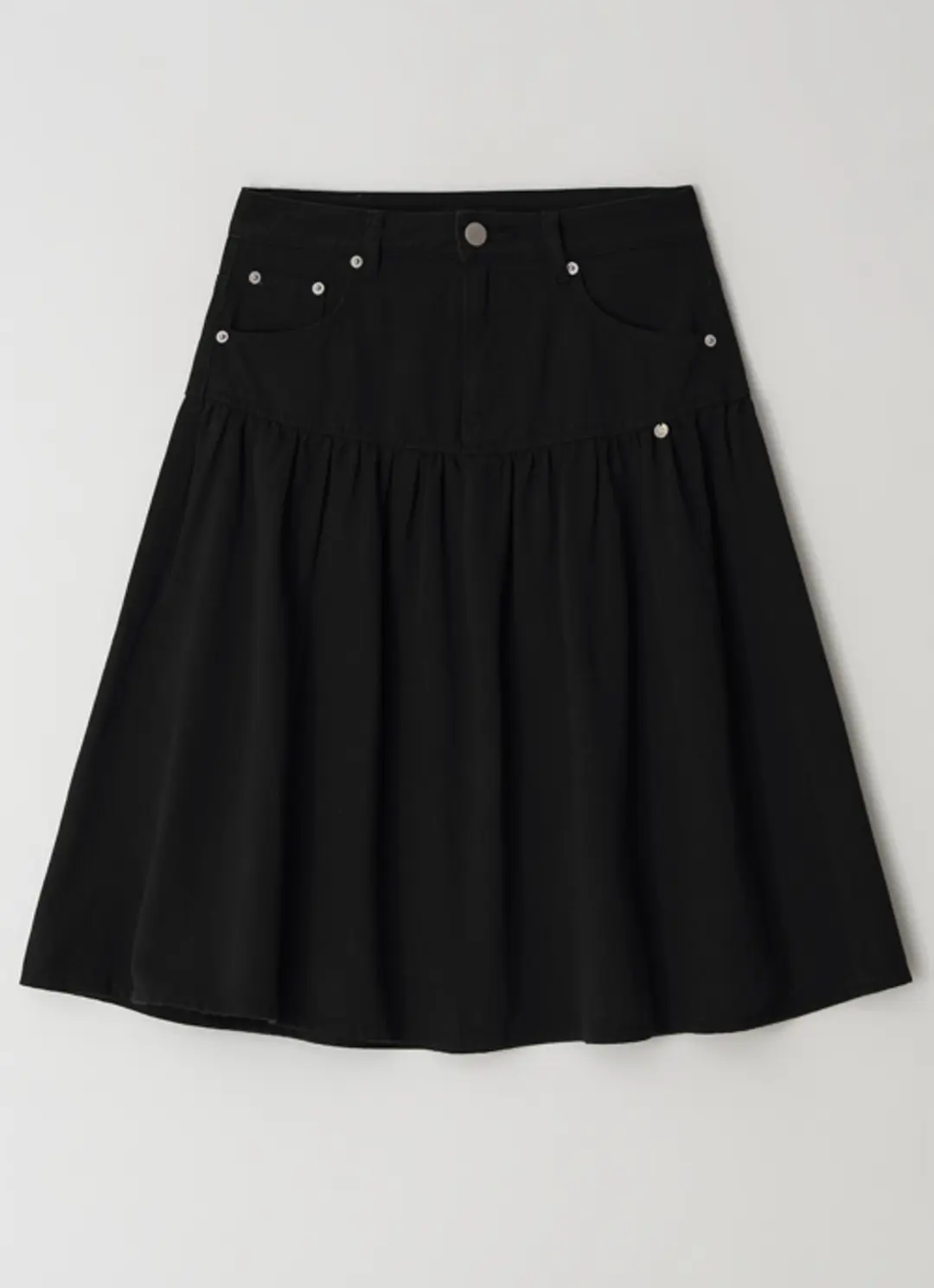 론론 FRILL FLARE MID DENIM SKIRT BLACK 상품 이미지 1
