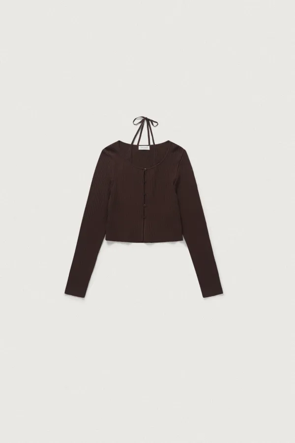 HALTERNECK SLEEVELESS LAYERED CARDIGAN [BROWN]