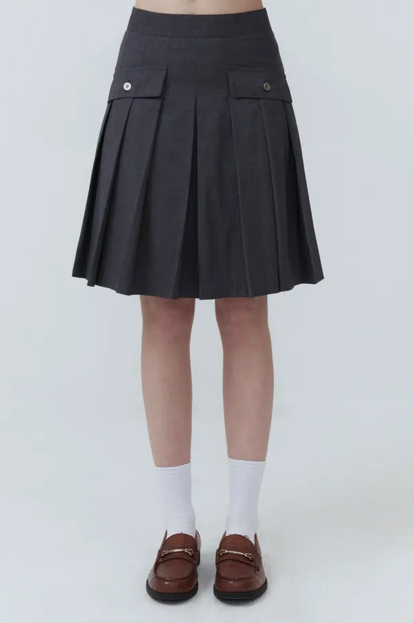 [25SS clove] Button Pocket Pleated Skirt (Charcoal)