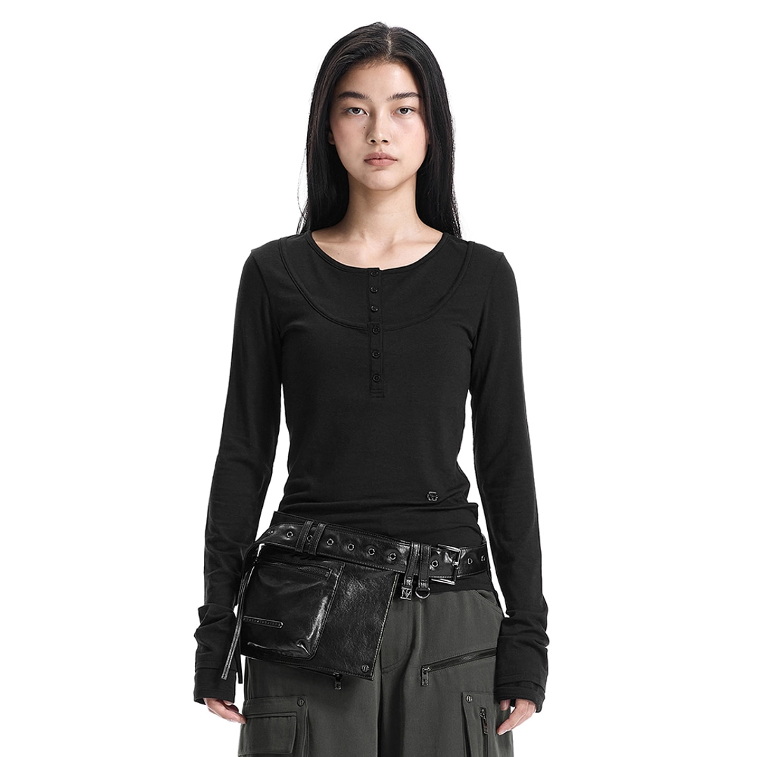 트리밍버드 Double-Layered Henley-Neck T-Shirt [ Black ] 상품 이미지 1