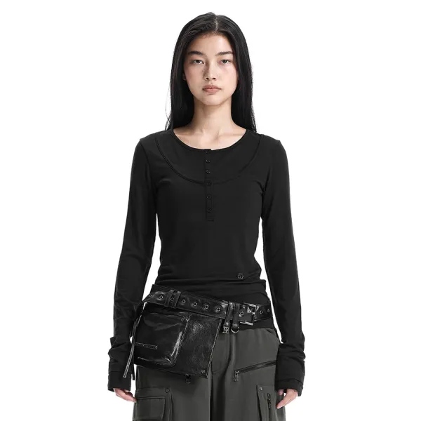 Double-Layered Henley-Neck T-Shirt [ Black ]