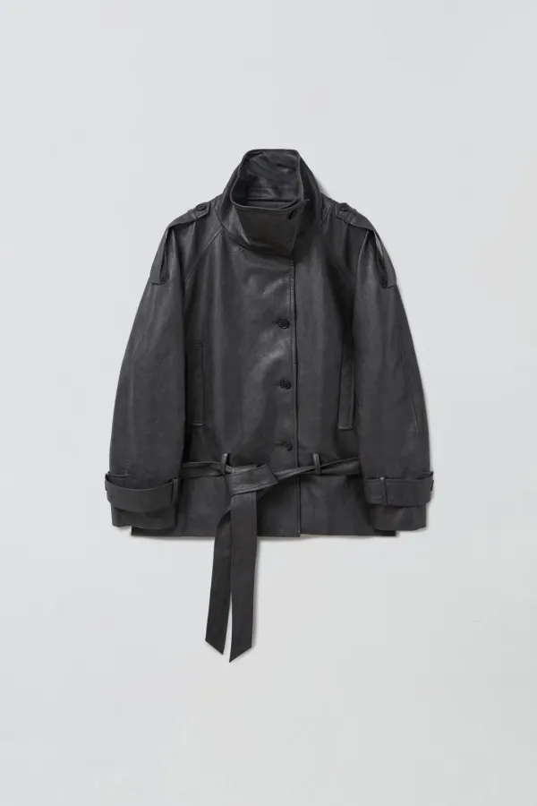 HIGH NECK LEATHER JACKET_CHARCOAL